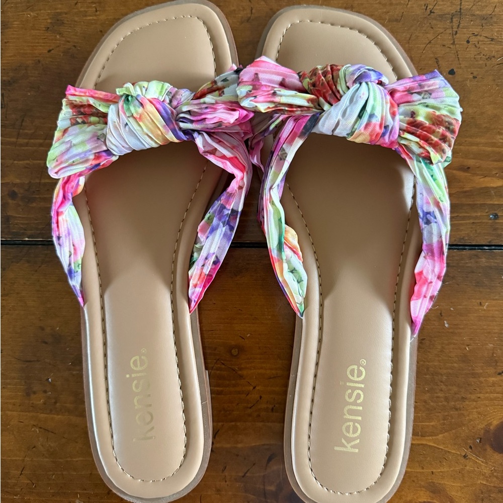Kensie Women's Knotted Floral Sandals - Pink and Green